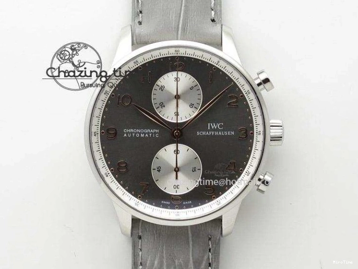 MIROTIME 0714 Popular Portuguese Flying Tourbillon SS Gray Dial 2 Sub Dials on Black Leather Strap 7159